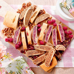 Kolachi Roll Sampler - Raspberry Jam, Walnut, Pecan - Served Sliced on Cutting Board